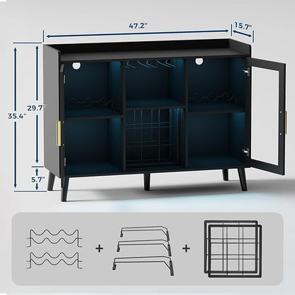 Garvee Modern Wine Bar Cabinet with LED Light, Wood Kitchen Coffee Bar Home Liquor Cabinets with Glass Holder, Doors and Wine Racks Buffet Sideboard with Storage for Living Room