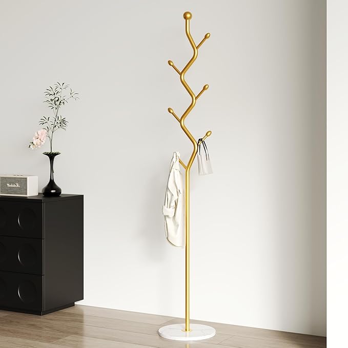 Creative Tree Branch-Look Gold Coat Rack Freestanding with 6 Hooks & Sturdy Marble base Metal Clothes Hanger Stand for Entryway/Mudroom/Bedroom/Hallway/Home Office (gold)