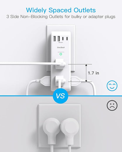 Surge Protector Outlet Extender with Rotating Plug, 6 AC Multi Plug Outlet with 4 USB Ports (3 USB C), 1800 J, 3-Sided Swivel Power Strip with Spaced Outlet Splitter for Dorm Office, White-2 Pack