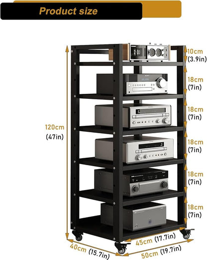 6 Tier AV Media Stand, 47in Audio Rack Tower Stereo Components Cabinet, Home Theatre CD Record Player Stereo Receiver Equipment Rack with Adjustable Wood Shelves, Load 400lbs (Black)