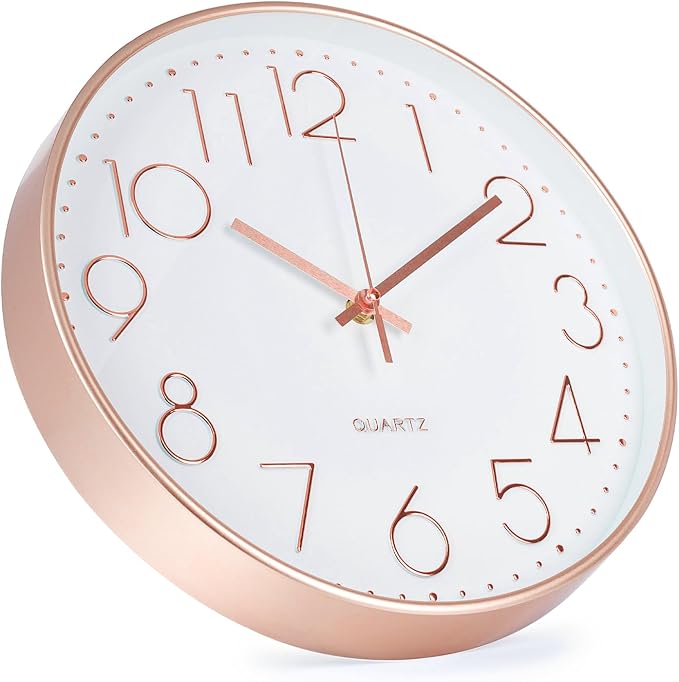 Wall Clock Non-Ticking Silent Modern Simple Style Round Decor Clock Stereoscopic Dial Quartz Wall Clocks for Home/Office/School/Living Room/Bedroom/Kitchen (Rose Gold, 8inch)