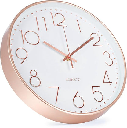 Wall Clock 12 Inch Non-Ticking Silent Modern Simple Style Round Decor Clock Rose Gold Stereoscopic Dial Quartz Wall Clocks for Home/Office/School/Living Room/Bedroom/Kitchen