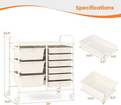 Giantex 9 Drawers Rolling Cart, Classroom Organizers, Storage Cart with Wheels, for Teacher Office Home School Supplies Tool Craft Art Paper, Ivory