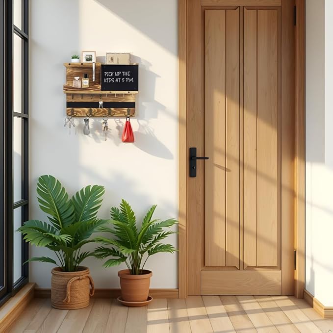 Key Holder for Wall Mount with Shelf and Mail Organizer, Key and Mail Holder with 16 Hooks, Farmhouse Entryway Organizer, Home Decor Rack(Pine Wood, Wood Color)