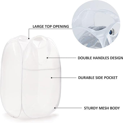 TECHMILLY Collapsible Mesh Pop Up Laundry Hamper with Sturdy Handles and Side Pocket - Portable Foldable Clothes Baskets for Dorm, Bathroom & Travel Storage (White, 3 Packs)