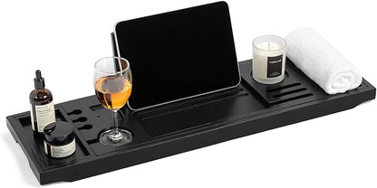 Bamboo Bathtub Tray Caddy - Splash-Proof Adjustable (28.5-40") with Wine Holder, Tablet Stand & Non-Slip Grip | Spa-Grade Organizer for Bath Essentials & Reading- Black