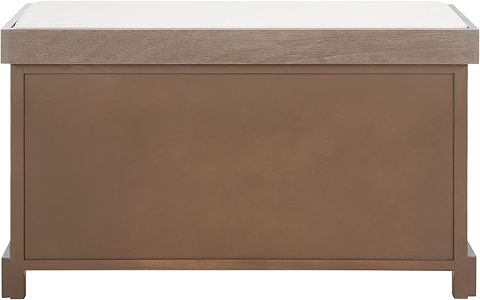 SAFAVIEH Home Collection – Freddy White Wash Storage Bench with Wicker Baskets & Cushion, Entryway Seating Bench, Fully Assembled (AMH5736G)