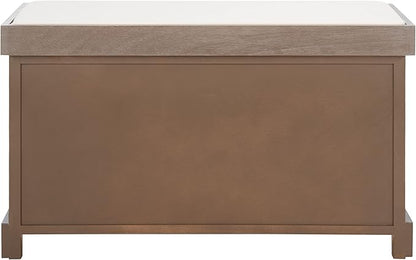 SAFAVIEH Home Collection – Freddy White Wash Storage Bench with Wicker Baskets & Cushion, Entryway Seating Bench, Fully Assembled (AMH5736G)