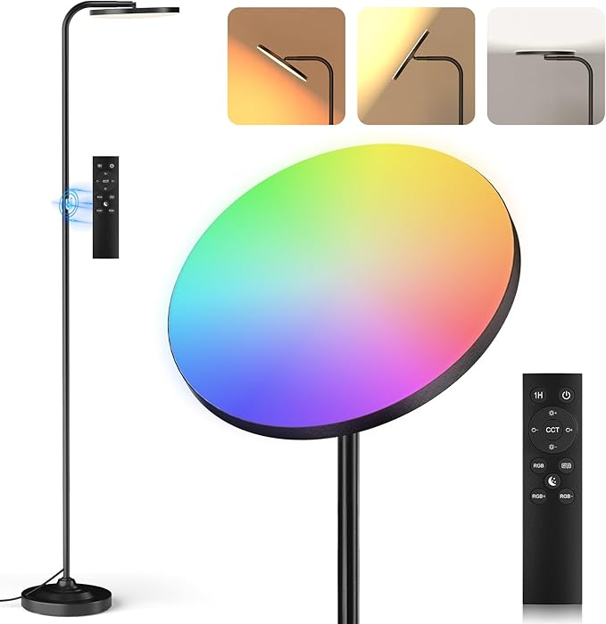36W LED Floor Lamp, Super Bright Standing Lamp, Modern Stepless Dimmable Torchiere Tall Lamp with Remote Control, 350°Rotating Head Reading Floor Lamp for Living Room, Bedroom, Office