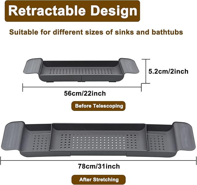 Expandable Drain Bath Shelf Caddy Tray, Multifunctional Plastic Bathtub Tray Bathroom Organizer Simple Stylish Bathtub Storage Rack for Candle Towel, Book, Wine, Phone, Shower (Grey - 1pcs)