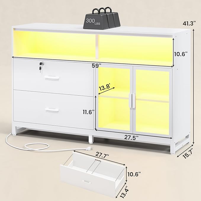 SEDETA 59" File Cabinet, 2 Drawers Filing Cabinets for Home Office fit Legal/Letter/A4 File, File Cabinet with Lock & Power Outlets, Printer Stand with Storage & LED Lights, White