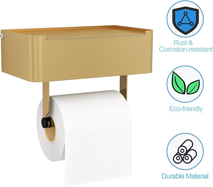 JUYSON Toilet Paper Holder with Shelf, Flushable Wipes Dispenser Fits for Bathroom Wipe Storage, Keep Your Wipes Hidden Out of Sight - SUS304 Stainless Steel Wall Mount Organizer (Color Gold)