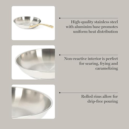 Martha Stewart Castelle 8-Inch Stainless Steel Frying Pan with Gold-Tone Handle – Tri-Ply Encapsulated Bottom, Oven Safe & Induction Safe Skillet for Searing and Sautéing
