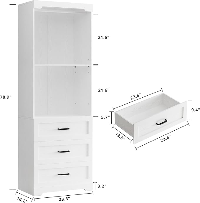 IRONCK Freestanding Closet System with 3 Wood Drawers, Modern Armoire Wardrobe with Adjustable Shelves & Hanging Rod, Walk-in Closet Systems Organizer for Small Closet, White