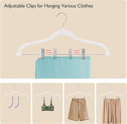 ManGotree Pants Hangers with Movable Clips, Non-Slip Velvet Skirt Hangers, Space-Saving Clothes Hangers for Pants, Skirts, Shirts, Coats, Dresses (18 Pack, White)