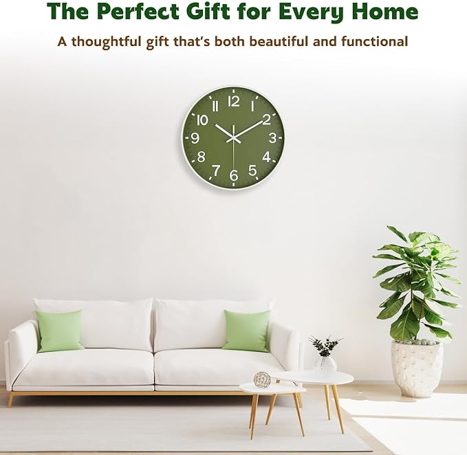 Wall Clock, Battery Operated, Modern Minimalist Design for Living Room, Office, Kitchen, Bedroom, and Bathroom – Quiet, Stylish, and Perfect for Any Room (Olive Green, 14 Inch)
