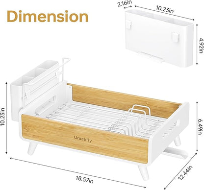 Urackify Dish Drying Rack for Kitchen Counter - Stainless Steel & Bamboo Dish Rack with Large Removable Utensil Holder, Dish Drainer with Adjustable Automatic Spout, White