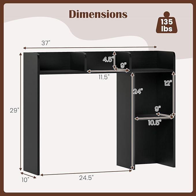 Desk Hutch, Desktop Shelf with 5 Shelves, Desk Bookshelf w/Anti-Toppling Devices, Wood Table Top Bookshelf Organizer, Small Desk Shelf for Study, Office, Dorm (Black, 5 Shelves)