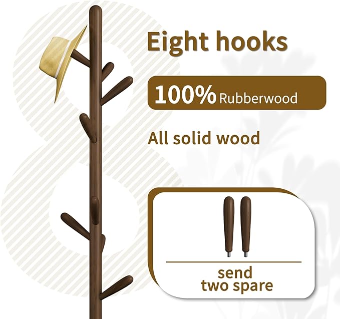 Solid Wood Round Base Coat Rack, Free Standing Hall Coat Tree with 8 Hooks（+2 spare) for Coats, Hats, Bags, Purses, for Entryway, Hallway, Rubberwood Hooks,Base and Pole(Round Base,Dark Walnut)