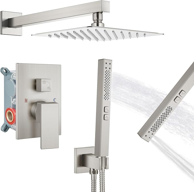 Shower Faucet Set Rainfall Shower System with Square Showerhead and Handle Set Fixture with 2 in 1 Function Handheld Sprayer Wall Mounted Trim Repair Kit Rough-in Valve 8 Inch Brushed Nickel