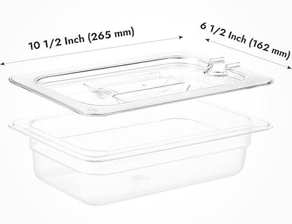 CURTA 6 Pack Food Pan Lids, 1/4 Size Polycarbonate Notched Cover with Handle, Plastic Clear