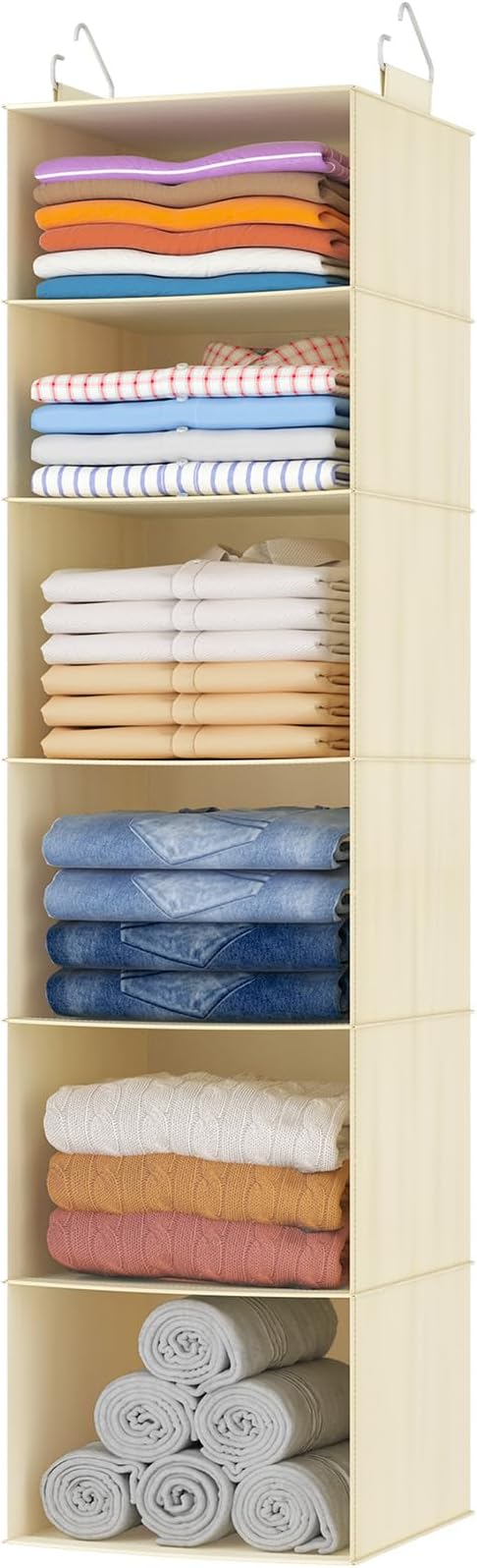 Lifewit 6 Tier Hanging Closet Organizer and Storage for Shelves, 1 Pack Foldable Clothes Shelf with 2 Sturdy Hooks, Sweater/Coat/Shoes Clothing Organization for Wardrobe, Dorm, Bedroom, Beige