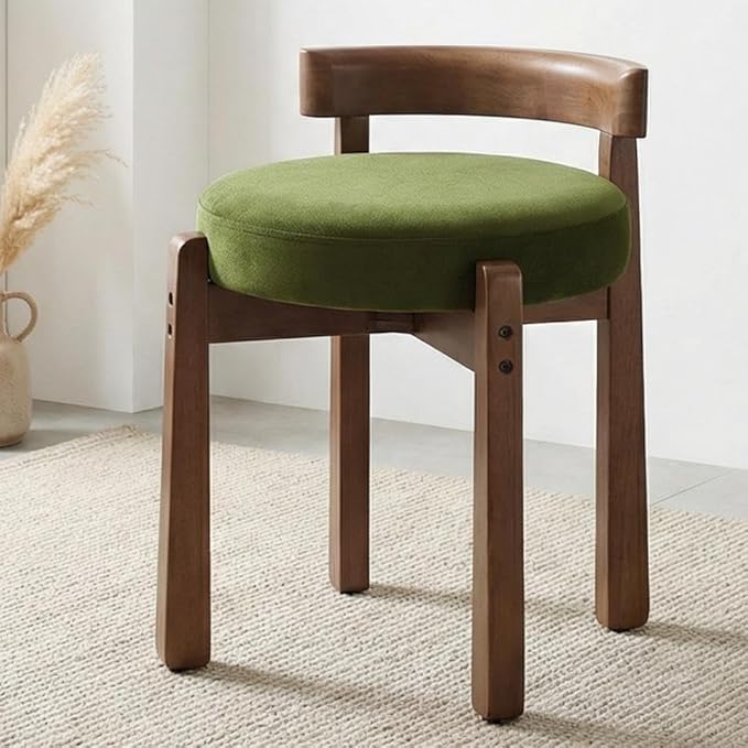 HNY Velvet Makeup Stool in Vintage Green: Compact Round Ottoman Chair with Wooden Legs, Perfect for Small Spaces Like Entryway, Cloakroom & Boudoir