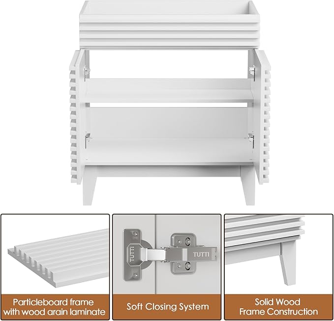 ROOMTEC 30" Bathroom Vanity, Mid-Century Freestanding Bathroom Cabinet Vanity with Storage, Particleboard Frame with Wood Grain Laminate, White(Sink Basin Not Included)