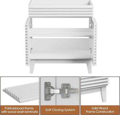 ROOMTEC 30" Bathroom Vanity, Mid-Century Freestanding Bathroom Cabinet Vanity with Storage, Particleboard Frame with Wood Grain Laminate, White(Sink Basin Not Included)