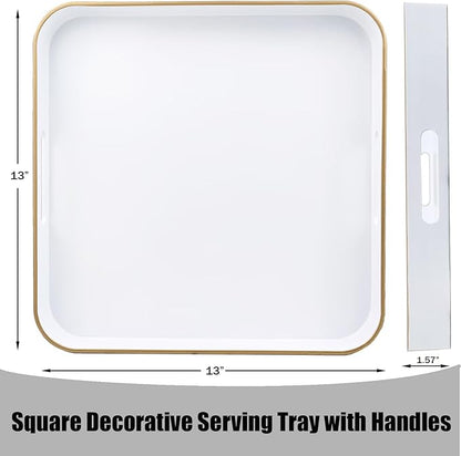 White Square Decorative Tray with Handles, 13"*13" Versatile Serving Tray for Coffee Table, Ottoman, Ideal for Serving, Displaying, Organizing