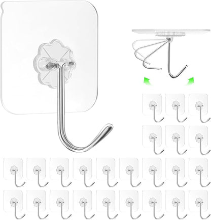 ZESLMG Adhesive Wall Hooks No Damage for Hanging, 24 Pack Large Self Sticky Hooks Heavy Duty 44lb Removable, Clear Hook for Shower Towel Coat Key Picture Wreath Outdoor Bathroom Kitchen, Waterproof