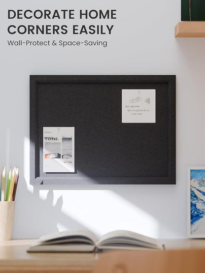 Fluxynara Felt Cork Board Alternative, Felt Bulletin Board 16" x 12" Black Frame with 8 Adhesive Tabs, Pin Board for Home Office, Classroom, Entryway, Kitchen Wall Decor—Black