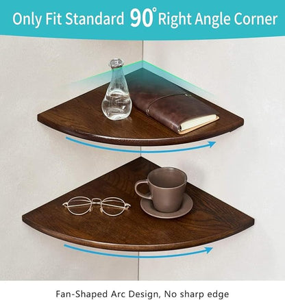Conamily Corner Shelves, Floating Corner Shelf, Set of 2 16inch Solid Oak Wood Corner Wall Shelves, Round End with Wire Hole for Small Plant for Bedroom Kitchen, Living Room
