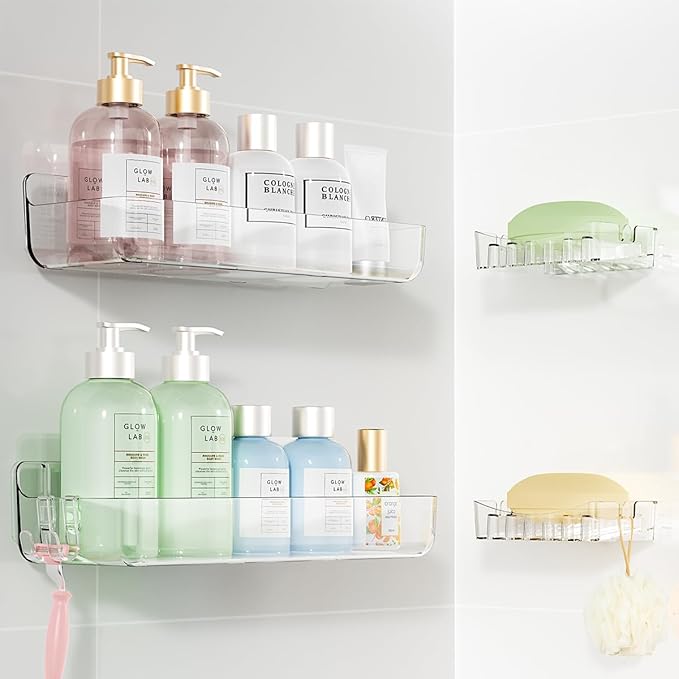 Sotfamily Clear Shower Caddy, Acrylic Wall Mounted Shower Shelves with Soap Dish & Adhesive Pads for Bathroom Organizers and Storage, No Drill Shower Caddies for Bathroom Decor