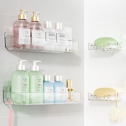 Sotfamily Clear Shower Caddy, Acrylic Wall Mounted Shower Shelves with Soap Dish & Adhesive Pads for Bathroom Organizers and Storage, No Drill Shower Caddies for Bathroom Decor