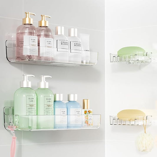 Sotfamily Clear Shower Caddy, Acrylic Wall Mounted Shower Shelves with Soap Dish & Adhesive Pads for Bathroom Organizers and Storage, No Drill Shower Caddies for Bathroom Decor