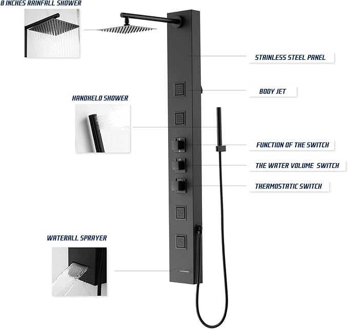 Achelous Square Rainfall Shower Head Panel System with Thermostatic,Stainless Steel High Pressure Turbo Body Jets Waterfall Shower Tower,Brass Handheld Wand in Matte Black