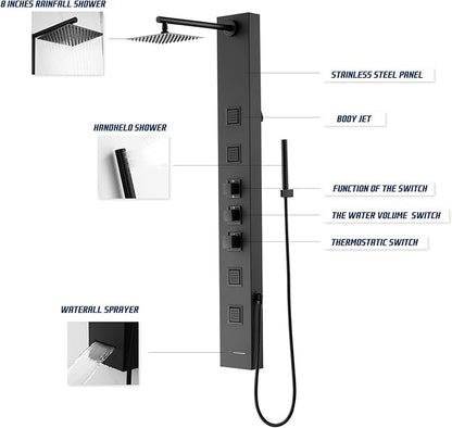 Achelous Square Rainfall Shower Head Panel System with Thermostatic,Stainless Steel High Pressure Turbo Body Jets Waterfall Shower Tower,Brass Handheld Wand in Matte Black