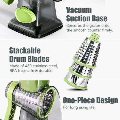 KEOUKE Rotary Cheese Grater Pro 6 in 1 - Shredder Crinkle Slicer Grinder Ice Shaver, Stable Suction, Time-saving Easy Use & Clean, Safe Morden Kitchen Tool for Cheese, Vegetable, Nuts, Chocolate