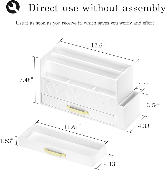 Wooden Desk Organizer,Desktop Organizer File Sorter for Office Supplies, Mail Organizer with Drawer,Desk Accessories & Workspace Organizers for Women （White）