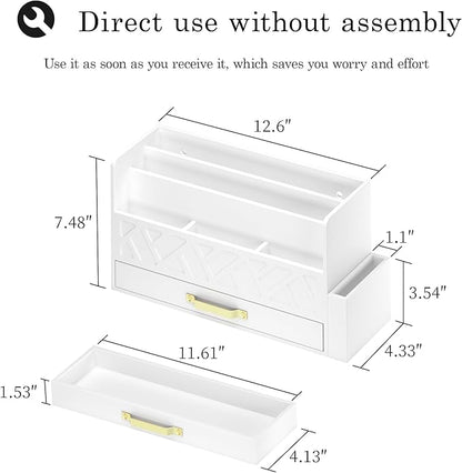 Wooden Desk Organizer,Desktop Organizer File Sorter for Office Supplies, Mail Organizer with Drawer,Desk Accessories & Workspace Organizers for Women （White）