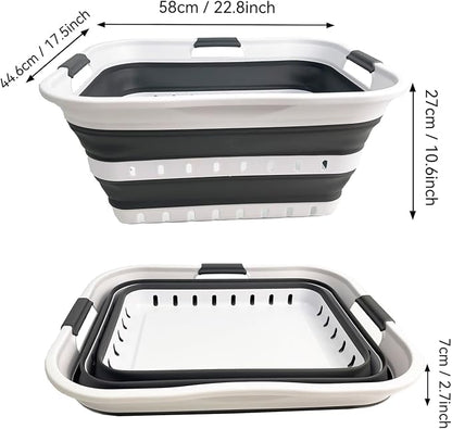SAMMART 42L (11 gallon) Collapsible Plastic Laundry Basket - Foldable Pop Up Storage Container/Organizer - Space Saving Hamper/Basket (1, White/Steel Gray)