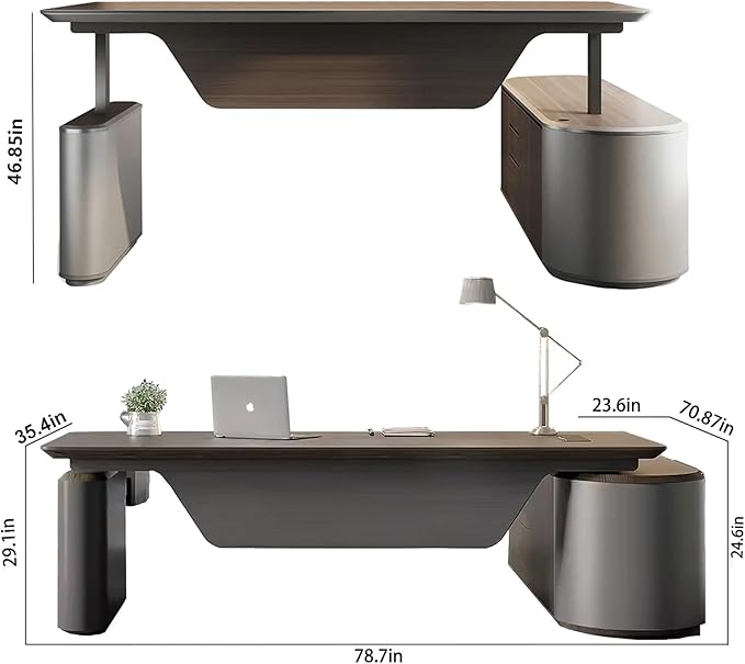 78.7" Reversible L-Shaped Adjustable Height Executive Desk with Oval Storage Cabinet - Black/Brown Standing Desk, Rounded Corners, 3 Drawers & 2 Door Compartments, Flexible Home & Office Workstation