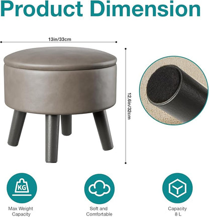 Small Foot Stool Ottoman with Storage, Faux Leather Ottoman Foot Rest for Couch, Round Footstool Ottomans for Living Room (Gray)