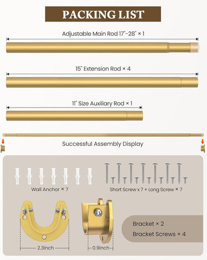 Heavy Duty Closet Rod, 17-99 IN Closet Rods for Hanging Clothes, Gold | Stepless Adjustable, Supports up to 66 lbs, Multiple Size Options, Easy Installation, Multi Purpose , Wall-Mounted
