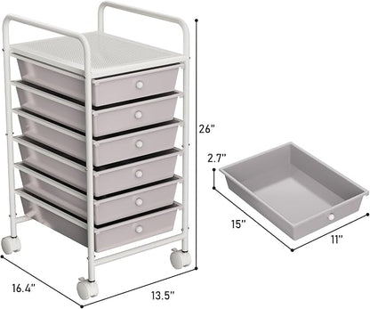 6-Tier Utility Cart with 6 Drawers, Rolling Utility Cart with 2 Lockable Caster Wheels, Multipurpose Mobile Rolling Drawer Cart for Office Bathroom Kitchen, Gray