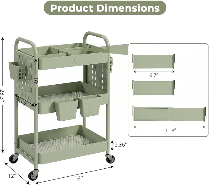 danpinera 3 Tier Rolling Cart with Retractable Dividers, Multi-Functional White Rolling Utility Cart with Pegboards, Hooks & Hanging Cups for Nursery, Living Room, Studio