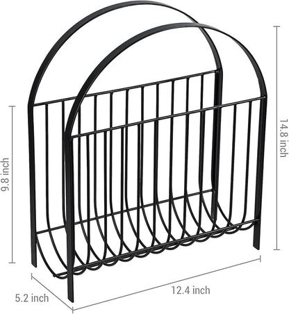 MyGift Deluxe Mid Century Metal Wire Magazine Rack in Matte Black Finish, Tabletop or Floor Standing Sling Basket for Magazines and Newspapers