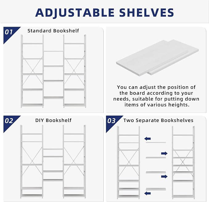 NUMENN Triple Column 5 Tier Bookshelf, Bookcase with 14 Open Display Shelves, Adjustable Rustic Industrial Style Book Shelves, Modern Bookshelves for Bedroom, Living Room and Home Office, White