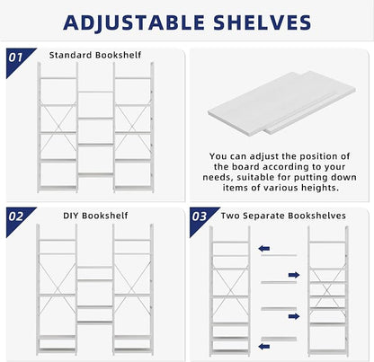 NUMENN Triple Column 5 Tier Bookshelf, Bookcase with 14 Open Display Shelves, Adjustable Rustic Industrial Style Book Shelves, Modern Bookshelves for Bedroom, Living Room and Home Office, White